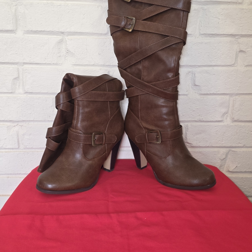 JustFab Brown Heeled Boots with Buckle Straps